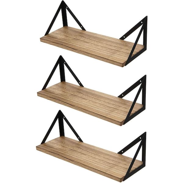 ULSMVOC Smt 5 in. D x 16 in. W x 5.6 in. H Natural Fired Antique Wood Wall Decoration-Shelf with Metal Bracket （3-Piece Set）