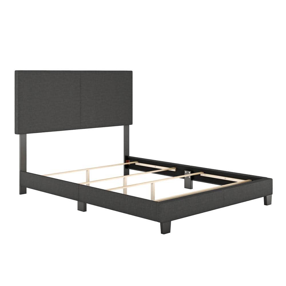 Queen Black Upholstered Linen Platform Bed with Slats