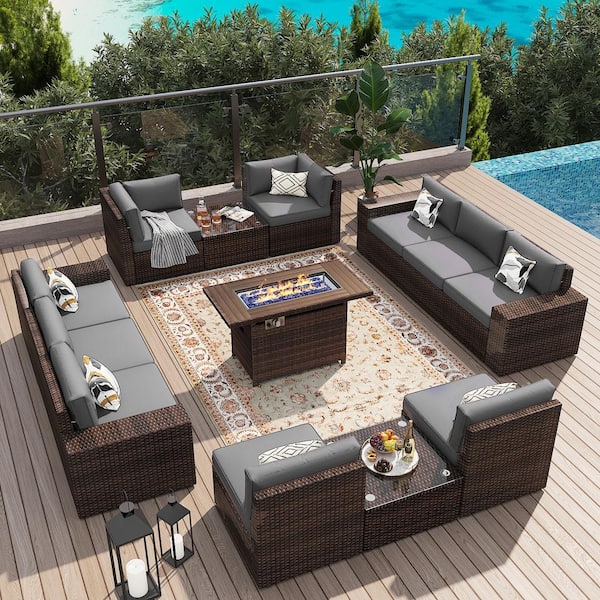 Sizzim 13-Pieces Outdoor Fire Pit Patio Set, Wicker Patio Sectional Set with Fire Pit Table, Coffee Table, Gray Cushions
