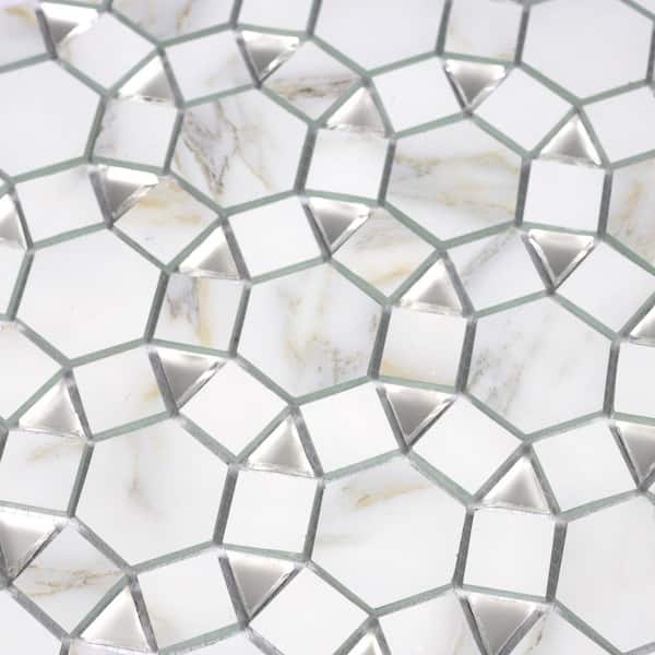 Art Deco Calacatta White Cobblestone Mosaic 12 in. x 12 in. Marble Look Glass Decorative Tile (1 sq.ft/Each)