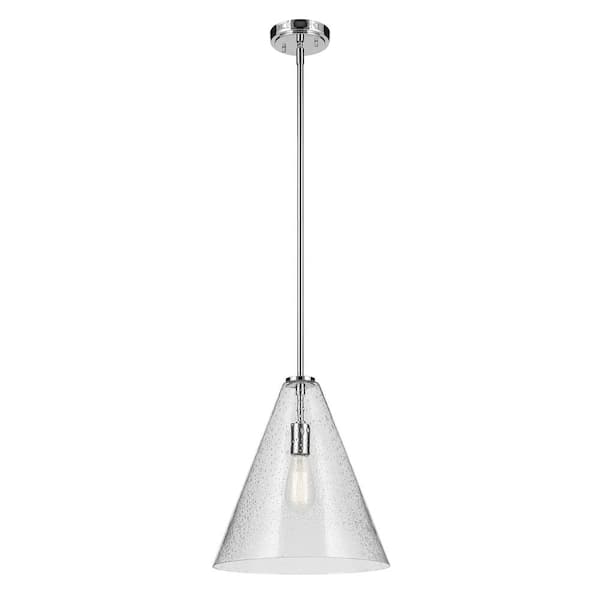 KICHLER Everly 14.25 in. 1-Light Chrome Modern Shaded Cone Kitchen Hanging Pendant Light with Clear Seeded Glass