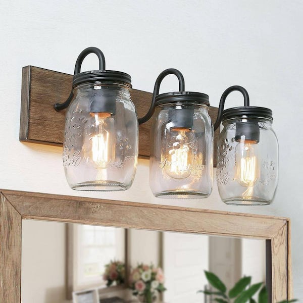 Farmhouse Bathroom Vanity Light 3-Light Black Powder Room Wall Sconce with Brown Faux Wood Accent Clear Mason Jar Shades