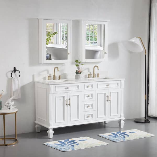 60 in. W x 22 in. D x 35 in. H Bath Vanity in White with Carrera White Vanity Top and Medicine Cabinet