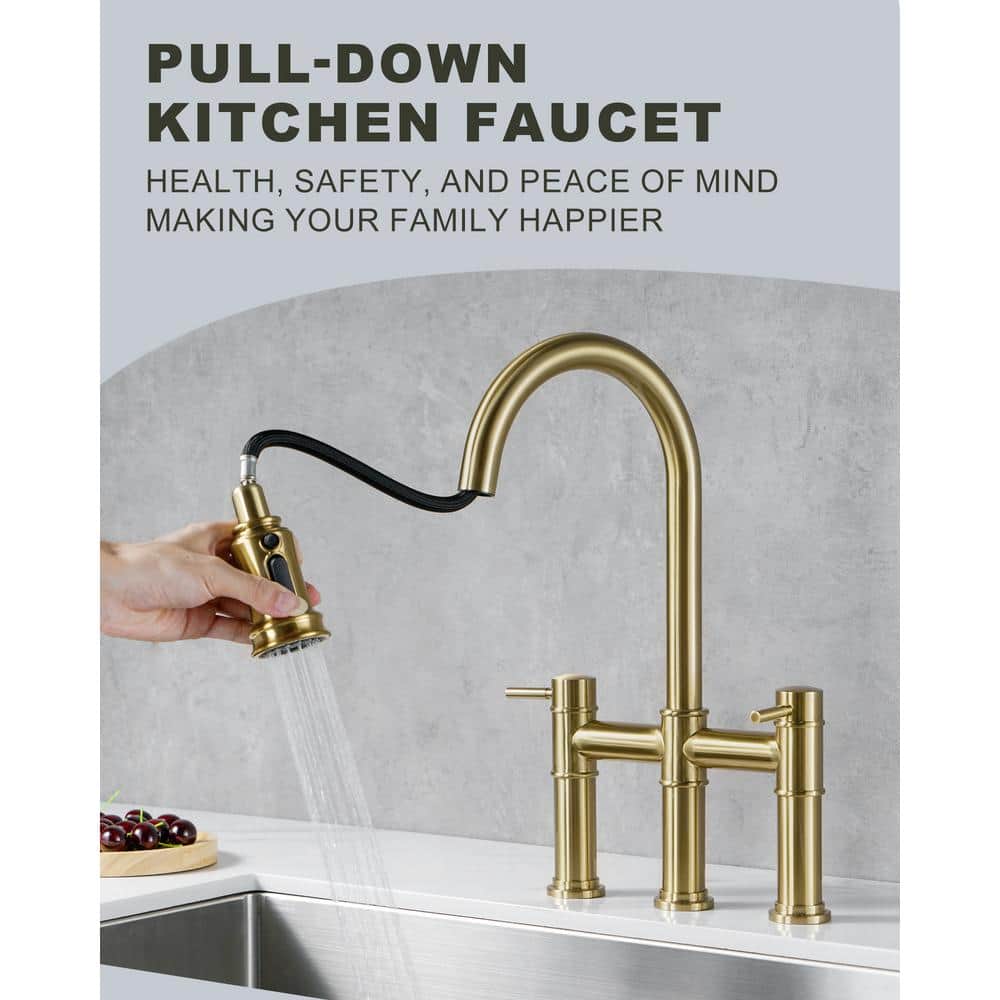 Gold Double Handle Bridge Kitchen Faucet with Pull Down Sprayer