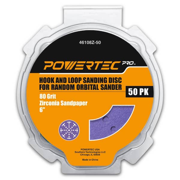 ‎POWERTEC 6 in. 49-Holes Zirconia Hook and Loop Sanding Disc Film Backing, 80 Grit for Festool Random Orbital Sanders (50-Pack)