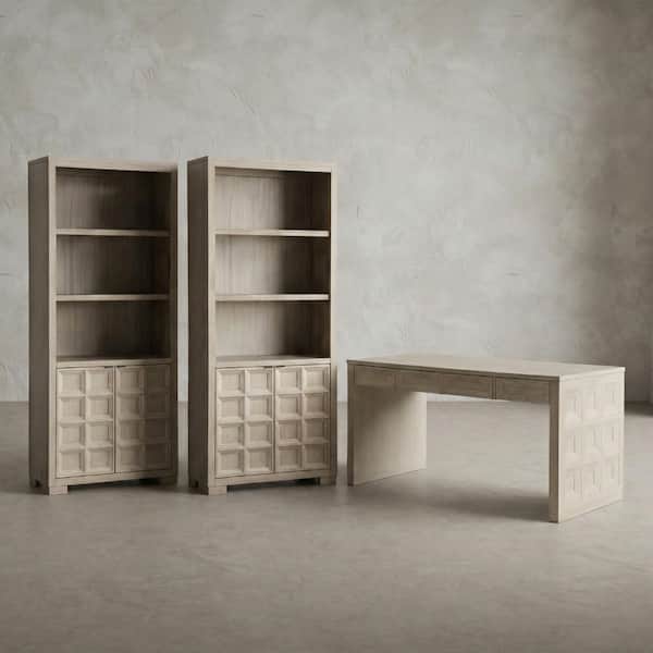 Flonnin 3-Piece 78.5 in. Tall Modern Classic Tawny Brown Wood 3-Shelf Standard Bookcase with Writing Desk Office Set