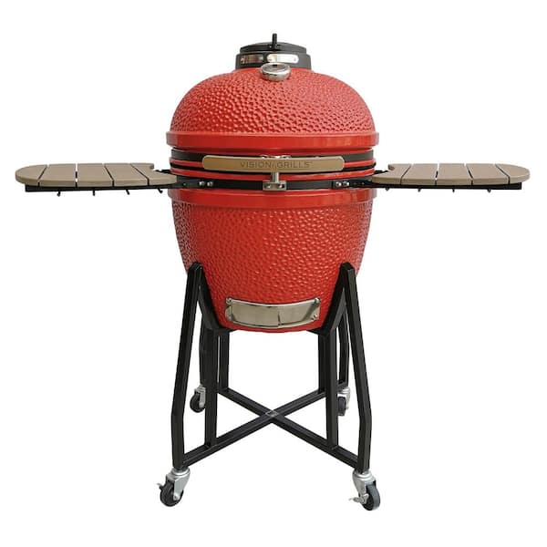 Vision Grills 22 in. Kamado HD Series Ceramic Charcoal Grill in Red with Side Shelves with Accessory Hooks, Cart and Cooking Grate