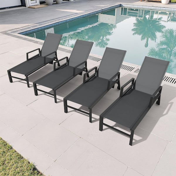 4-Piece Adjustable Aluminum Metal Armrest Outdoor Chaise Lounge in Black