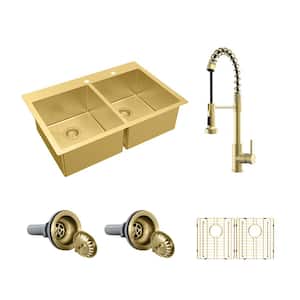 33 in. Drop-In Double Bowl 18-Gauge Gold Stainless Steel Kitchen Sink with Spring Neck Faucet