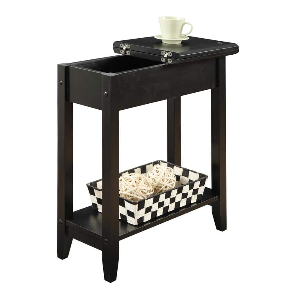 Black Wood Flip Top End Table with Storage Shelf