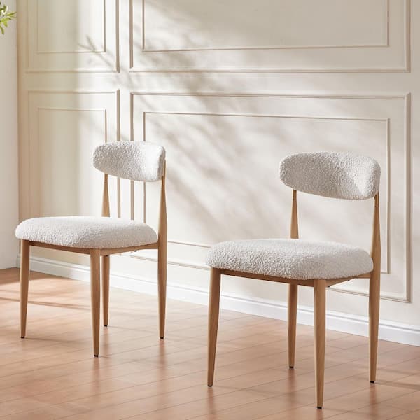 Modern Cream White Boucle Upholstered Dining Chair (Set of 2), Metal Frame Armless Chair for Kitchen Restaurant