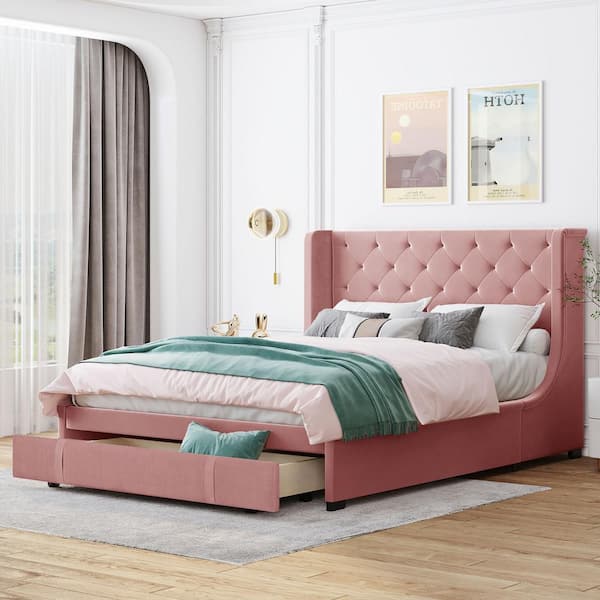 URTR 65 in.W Pink Queen Size Bed Frame with Storage Drawers, Velvet Upholstered Platform Bed with Wingback Headboard
