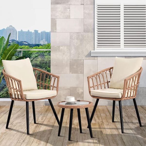 19.7 in. Black Wicker Patio Conversation Set 2 Oval Chairs, Glass Side Picnic Table w/ Beige (3-Piece)