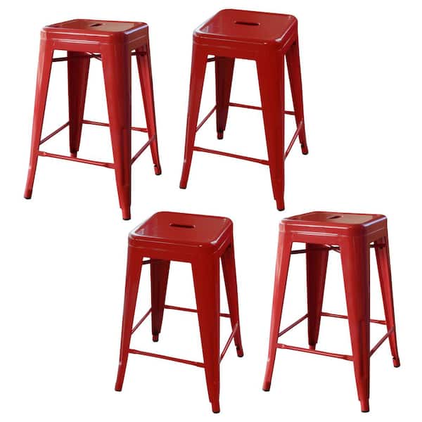 AmeriHome Loft Style 24 in. Stackable Metal Bar Stool in Red (Set of 4)