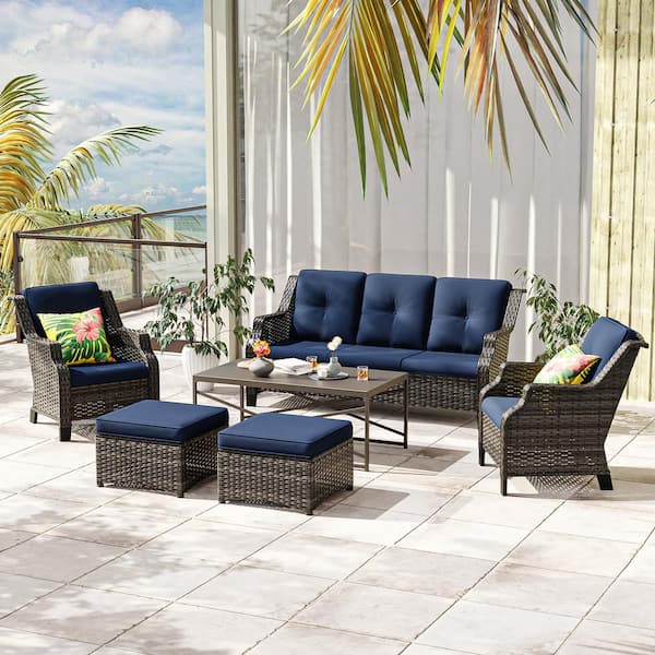 JOYSIDE 6-Piece Wicker Outdoor Patio Conversation Set Sectional Couch with Ottomans, Brown Steel Table and Blue Cushions