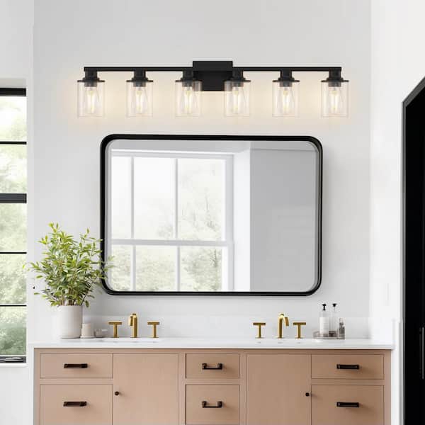 40 in. 6-Light Black Cylinder Clear Glass Vanity Light with Dimmable No Bulbs Included