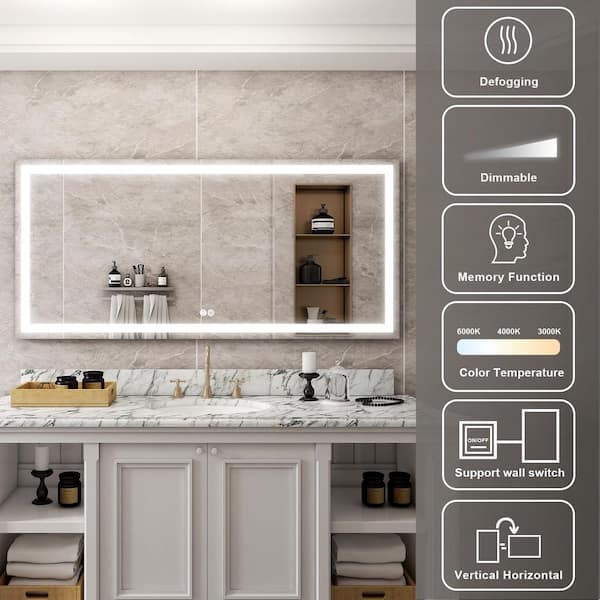 ALINA 72 in. W x 36 in. H Rectangular Frameless Dimmable LED Light Touch Sensor Wall Bathroom Vanity Mirror in Aluminum
