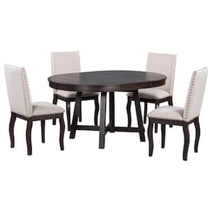 AOY 5-Piece Farmhouse Round Espresso Wood Top Bar Table Set Dining Room Set Seats 4 with Extendable
