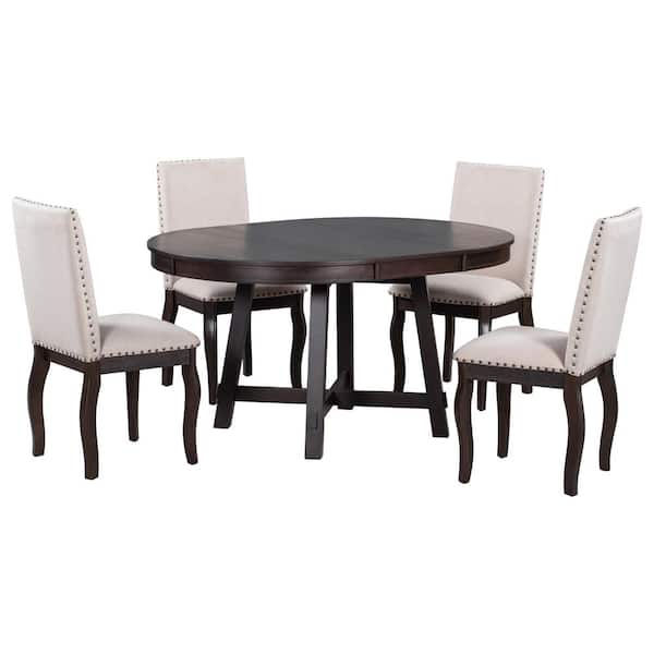 LUCKY ONE AOY 5-Piece Farmhouse Round Espresso Wood Top Bar Table Set Dining Room Set Seats 4 with Extendable