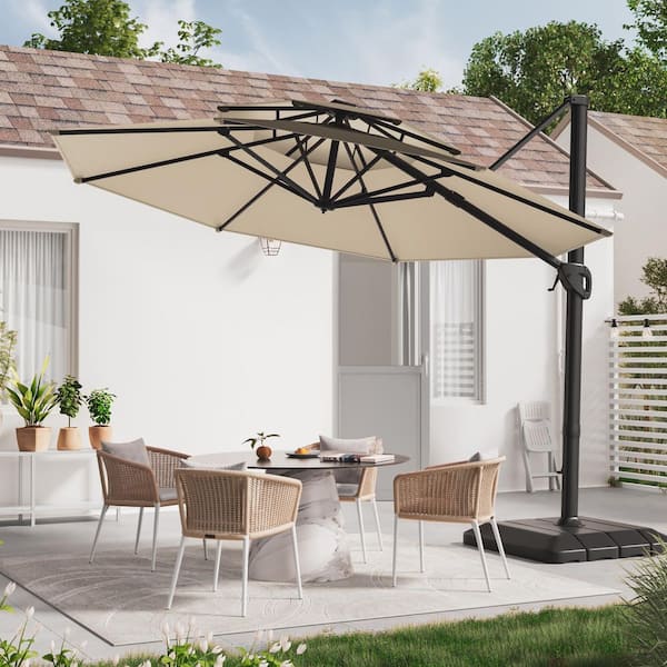 JOYESERY 11 ft. Double Top Patio Hanging Octagon Cantilever Umbrella with 360° Rotating Canopy in Sand