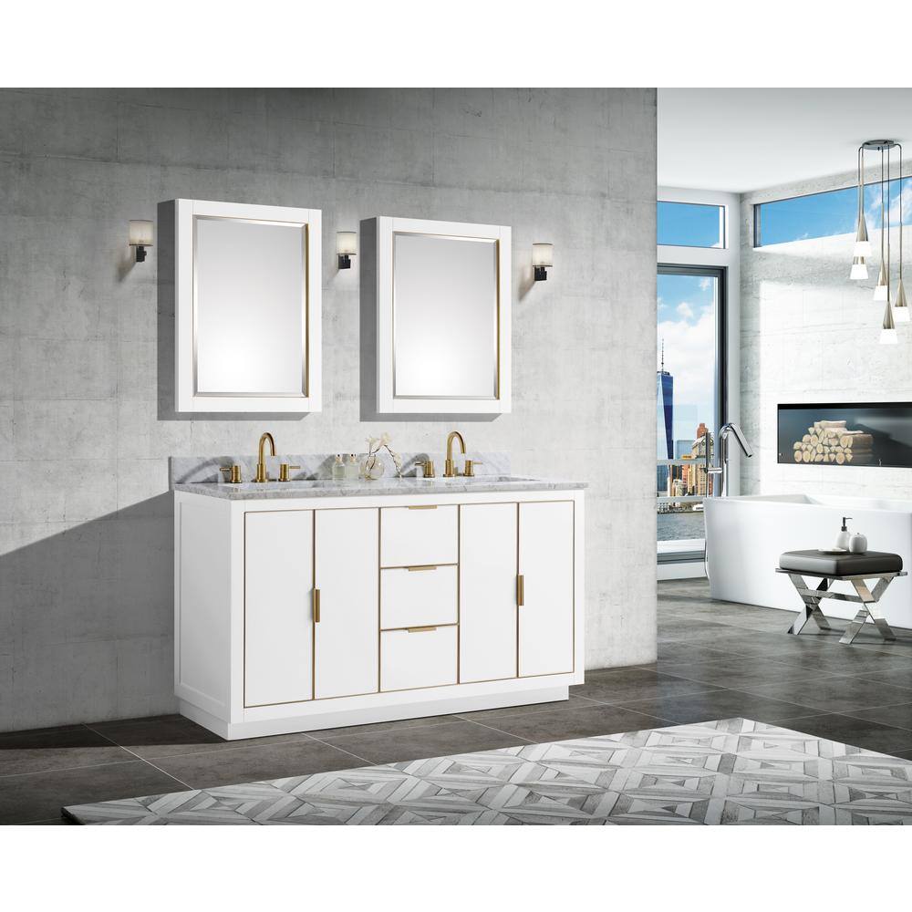 Contemporary 60" White Double Vanity with Marble Top and Gold Accents