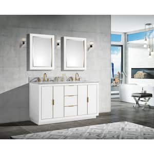 Austen 61 in. W x 22 in. D Bath Vanity in White with Gold Trim with Marble Vanity Top in Carrara White with White Basins