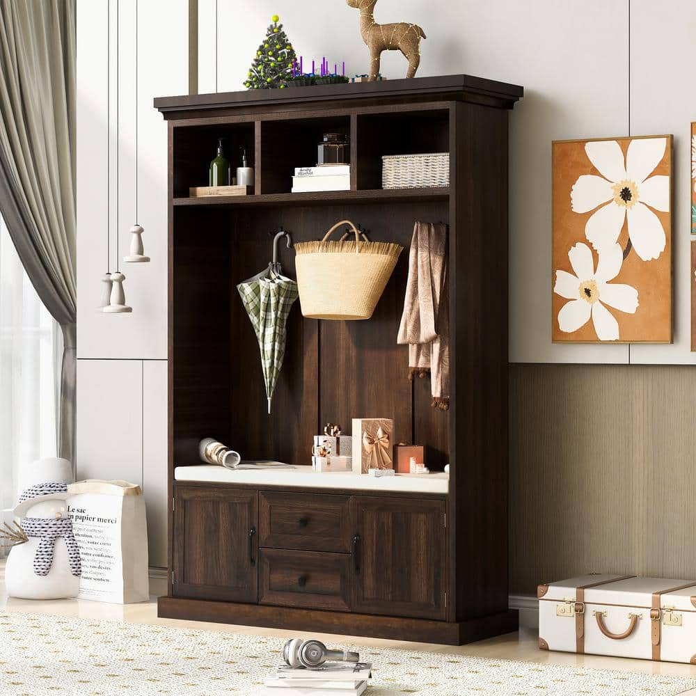 71 in. Tiger Wood 3-in-1 Hall Tree Coat Rack Entryway Bench with 3-Metal Do