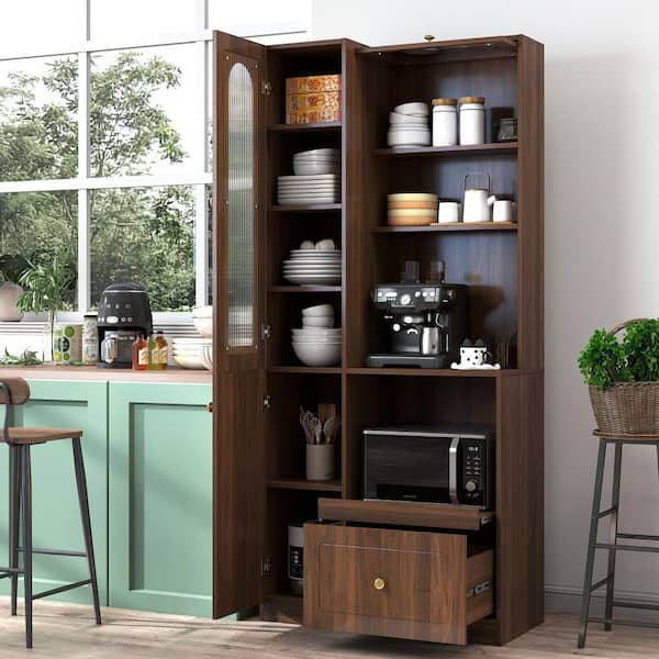 Radha 70.87 in. H Walnut Wood Pantry Storage Cabinet with 3 Doors and Storage Shelves