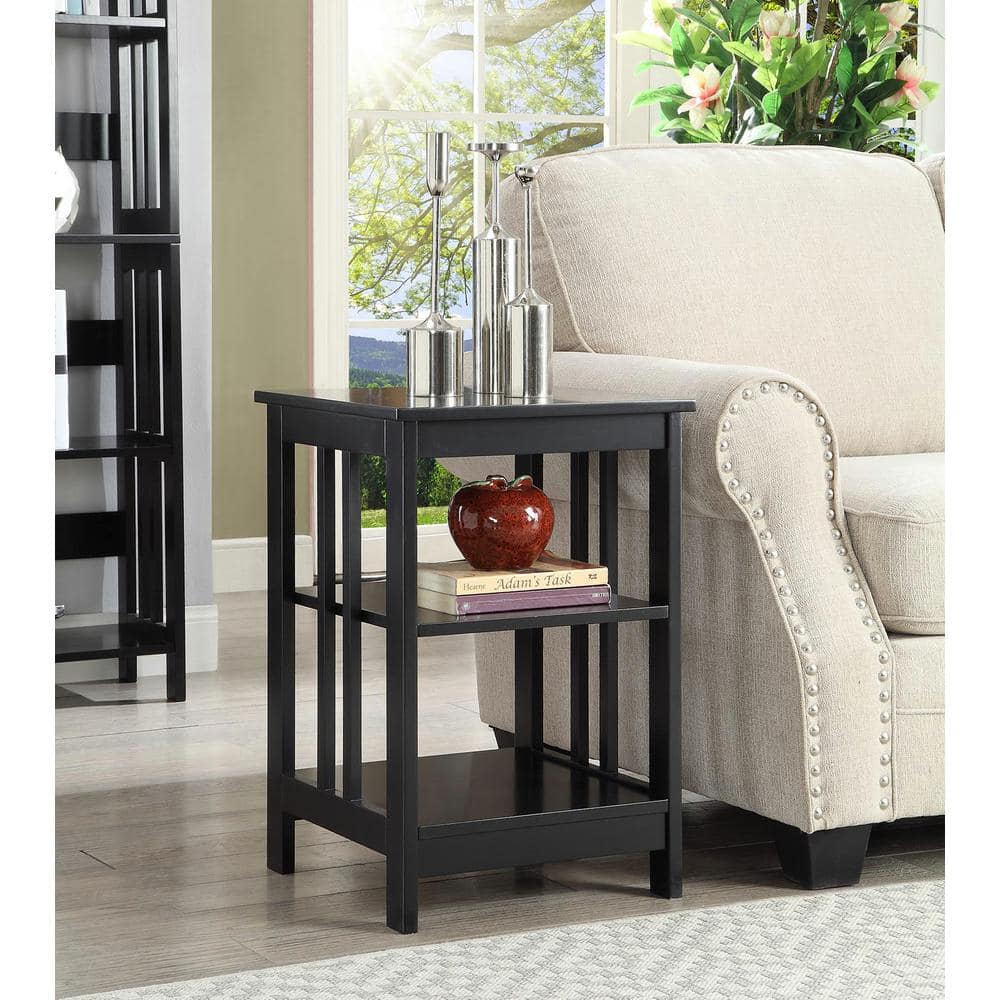 Black Rectangular Traditional Wood End Table with Shelves