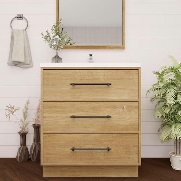 Victoria 30 in. W x 20 in. D x 35 in. H Single Sink Freestanding Bath Vanity in Oak with White Acrylic Top