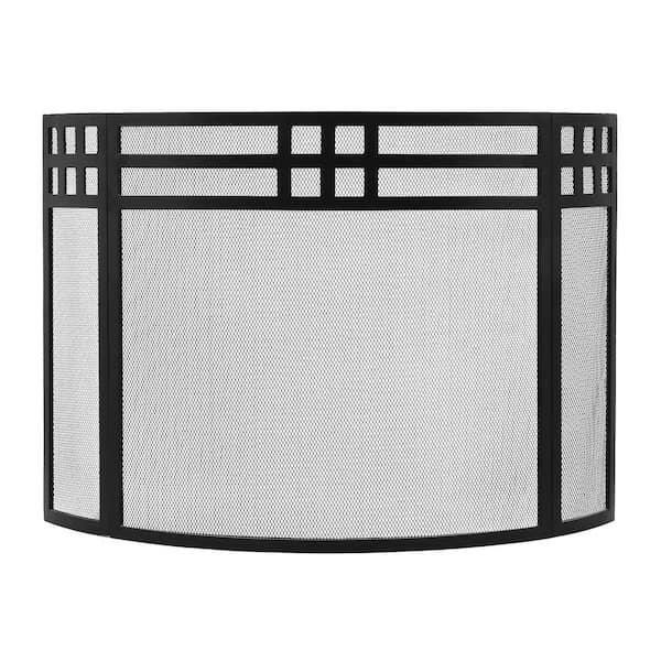 48 in. L, Black Classic Gridwork Curved 3-Paneld Fireplace Screen
