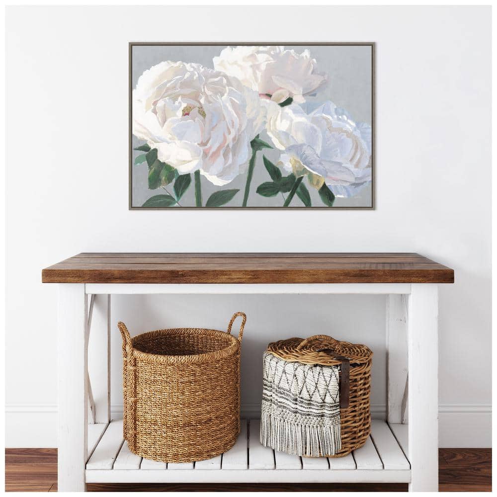 Essence of June I Gray Floral Canvas Wall Art with Distressed Greywash Frame
