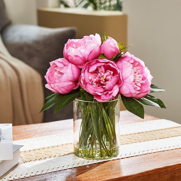 DR.Planzen 12in Artificial Peony Flowers Faux Peach Pink Peony