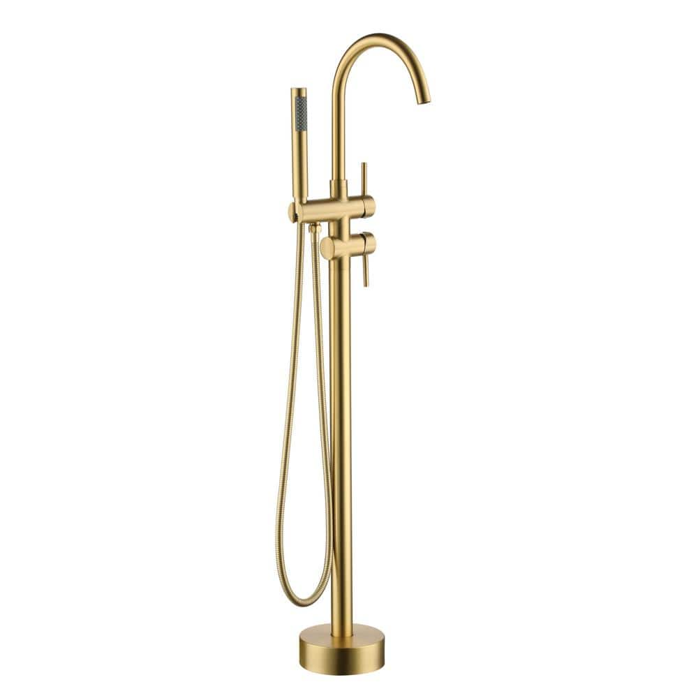 Boyel Living Freestanding Floor Mount 2-Handle Bath Tub Filler Faucet with Handheld Shower in Brushed Gold