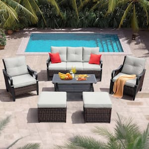 6-Piece Brown Wicker Patio Conversation Set with Light Gray Cushions, Reclining Backrest, Ottomans
