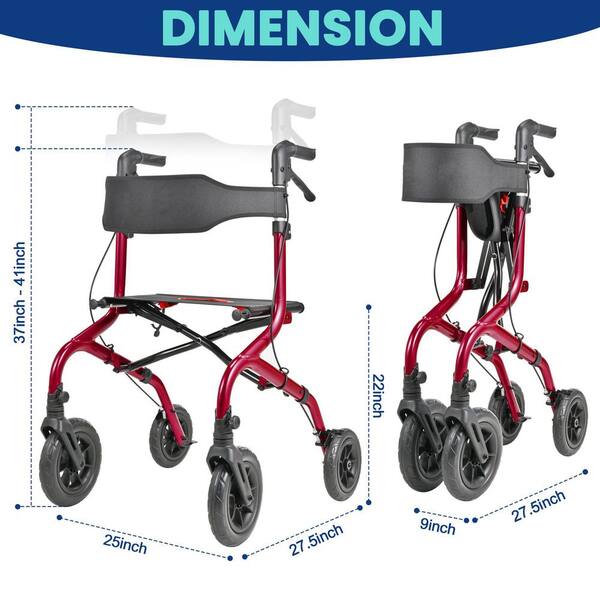 Anqtovp Foldable Rollator Walker All-Terrain 10 in. Front and 8