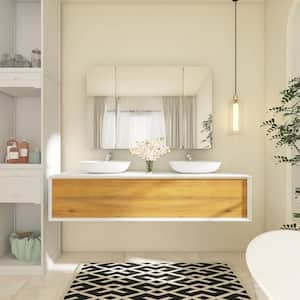 72 in. W x 22 in. W x 16 in. H Double Sink Wall-Mounted Bath Vanity in White Brown with White Solid Surface Top