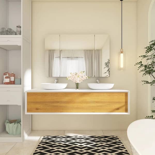 Boosicavelly 72 in. W x 22 in. W x 16 in. H Double Sink Wall-Mounted Bath Vanity in White Brown with White Solid Surface Top
