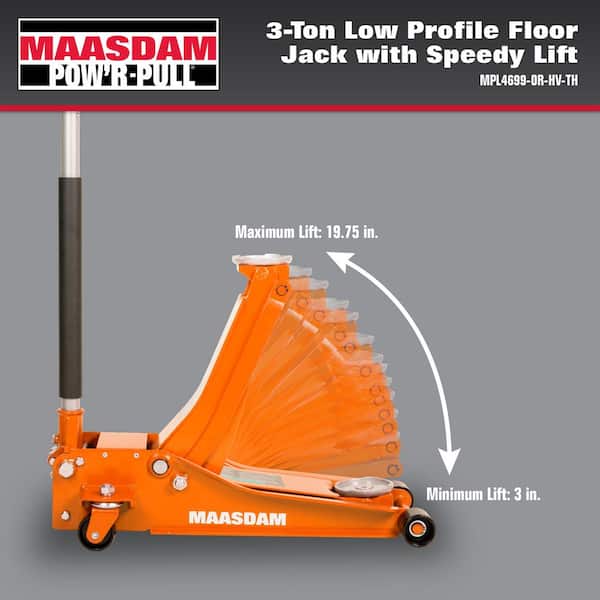 Maasdam 3-Ton Low Profile Floor Jack with Quick Lift in Orange