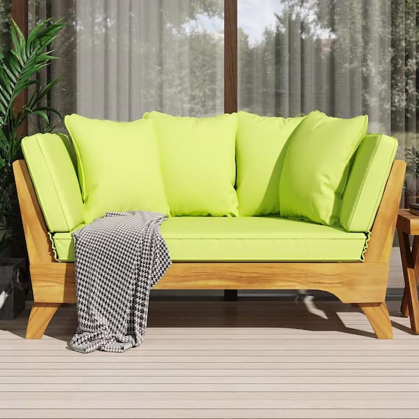 1-Piece Wood Outdoor Couch with Green Cushions