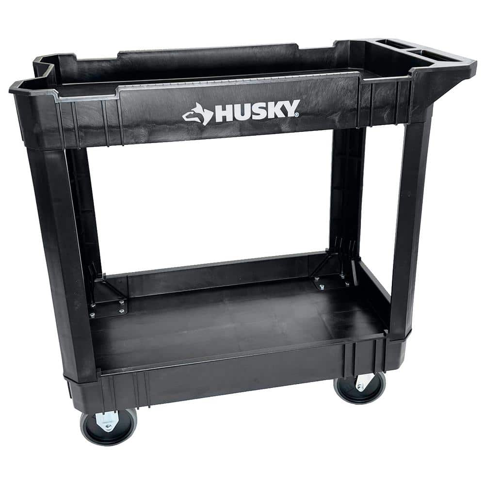 Rubbermaid FG452089BLA Black Medium Lipped Two Shelf Utility Cart with  Extended Handle