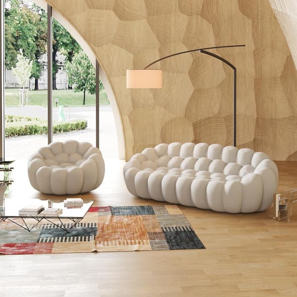 J&E Home 78.74 in. W Flared Arm 3D Knitted Polyester 2-piece Curved Modular Sectional Sofa in. Beige with Ottoman