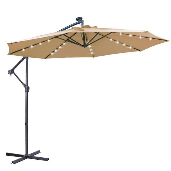 Runesay 10 ft. Beach Market Solar LED Patio Outdoor Hanging Cantilever Umbrella Offset with Cross Base and 33 Lights in Taupe