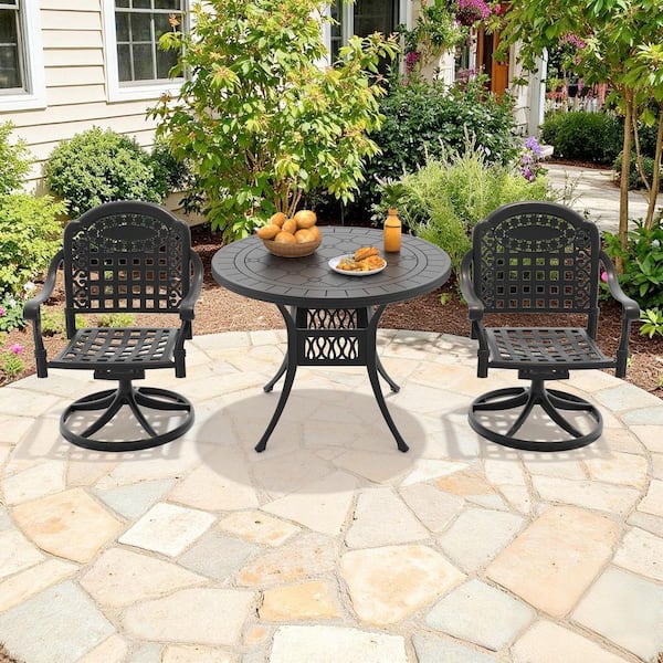 Black 3-Piece Cast Aluminum Patio Outdoor Dining Set with 2 Swivel Rockers with Blue Cushions and 39.37 in. Round Table