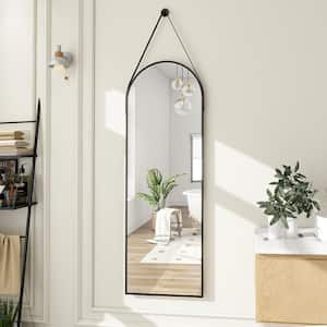 16 in. W x 48 in. H Arch Metal Framed Wall Bathroom Vanity Mirror Black with Hanging Leather Strap