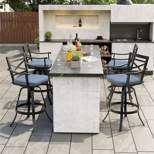 Swivel Cast Aluminum Outdoor Bar Stool with Blue Cushion (4-Pack)