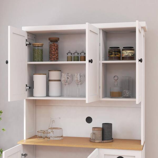 FUNKOL 39.76inx14.96inx70.86in MDF Ready to Assemble Kitchen Cabinet in White with Microwave Countertop, 6 Doors and 1 Drawer