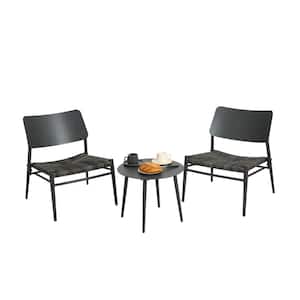 3-Piece Black Aluminium Outdoor Bistro Set with Black Handwoven Seat and Round Table
