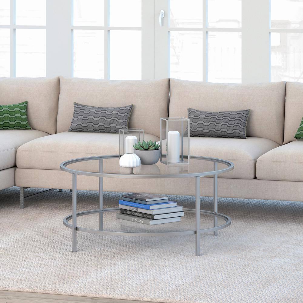 Round Nickel and Glass Coffee Table with Shelf