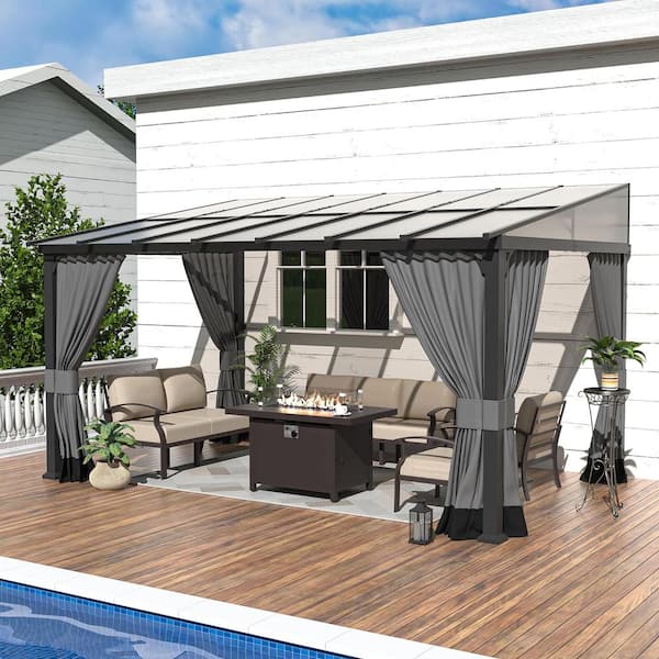 Halmuz 10 ft. x 14 ft. Brown Hardtop Wall Mounted Gazebo with Sloping Pitched Roof and Curtain Gray